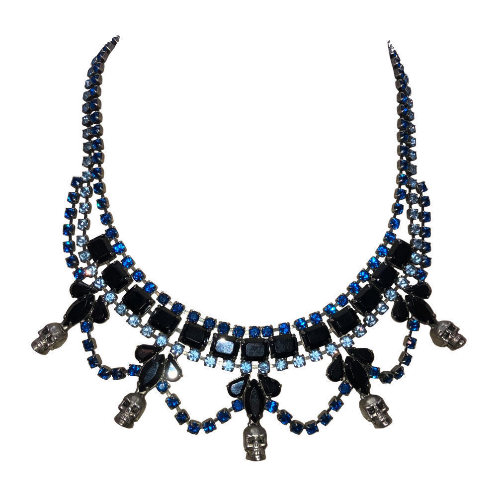 Dannijo Swaroski Blue and Black Rhinestone Skull Necklace